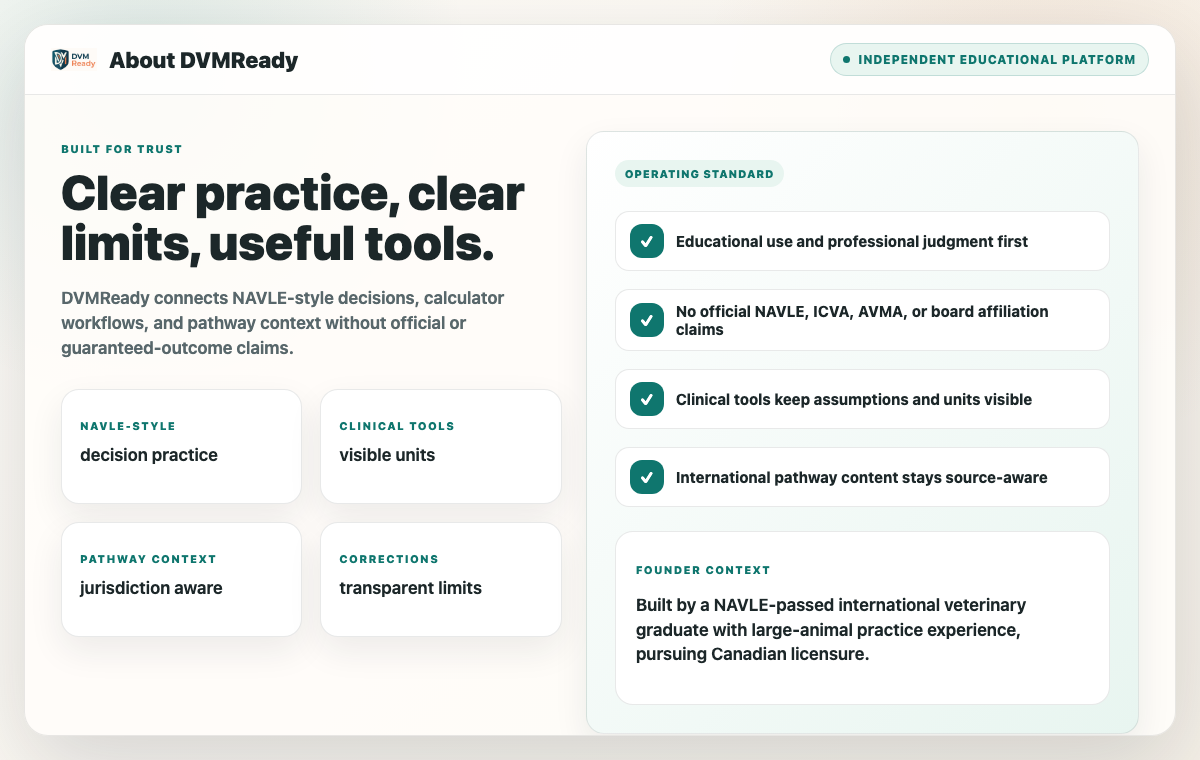 DVMReady platform standards preview showing educational-use boundaries, visible units, source-aware pathway content, and founder context
