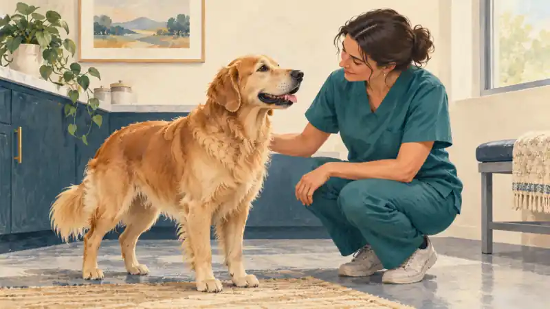 Original illustration of a veterinary professional observing a calm golden dog in a consultation room.