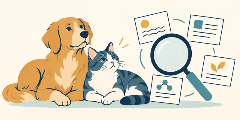 Conceptual illustration of a cat and dog beside research papers and a magnifying glass.