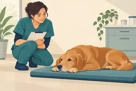 Conceptual illustration of a clinician observing a resting dog beside a clipboard.